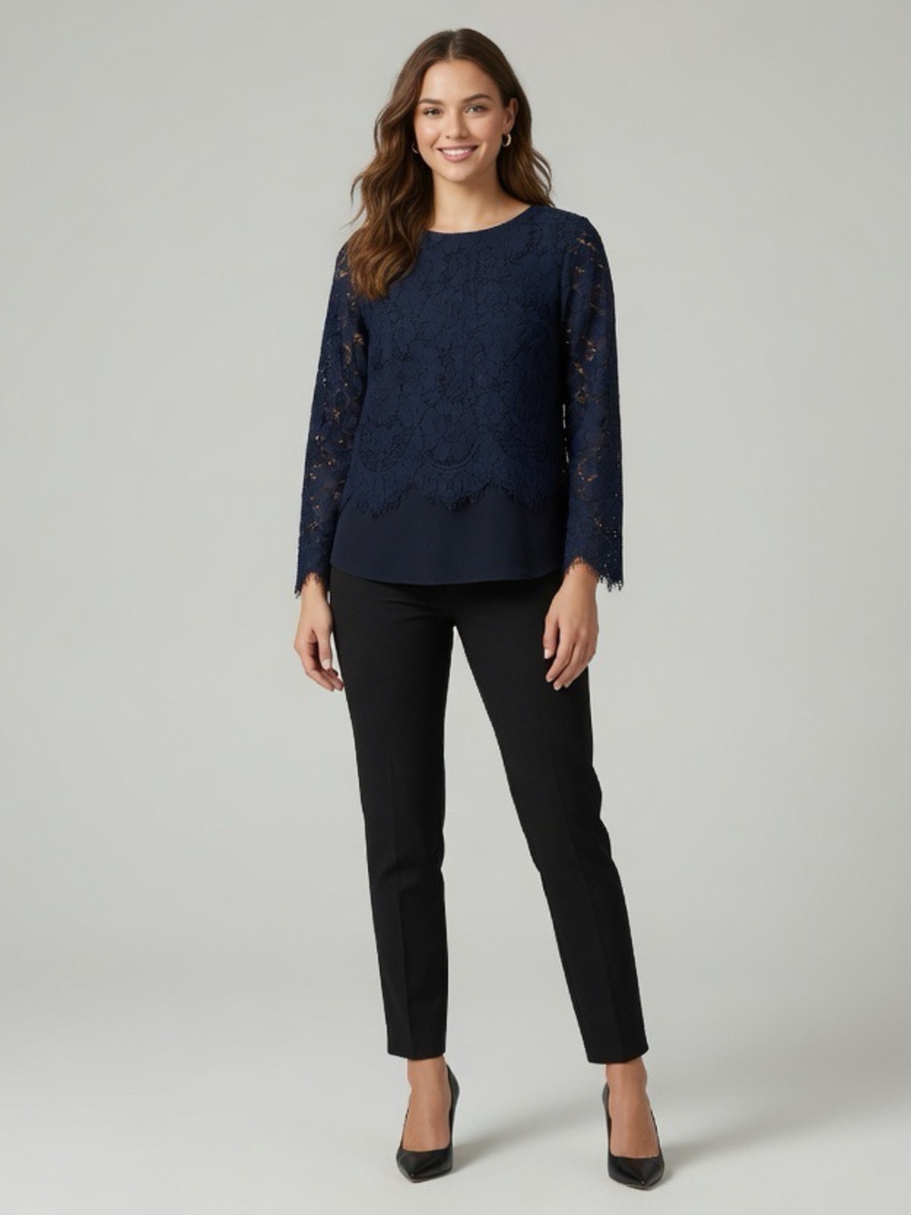 Banana Republic Navy Floral Lace Bell Sleeve Blouse